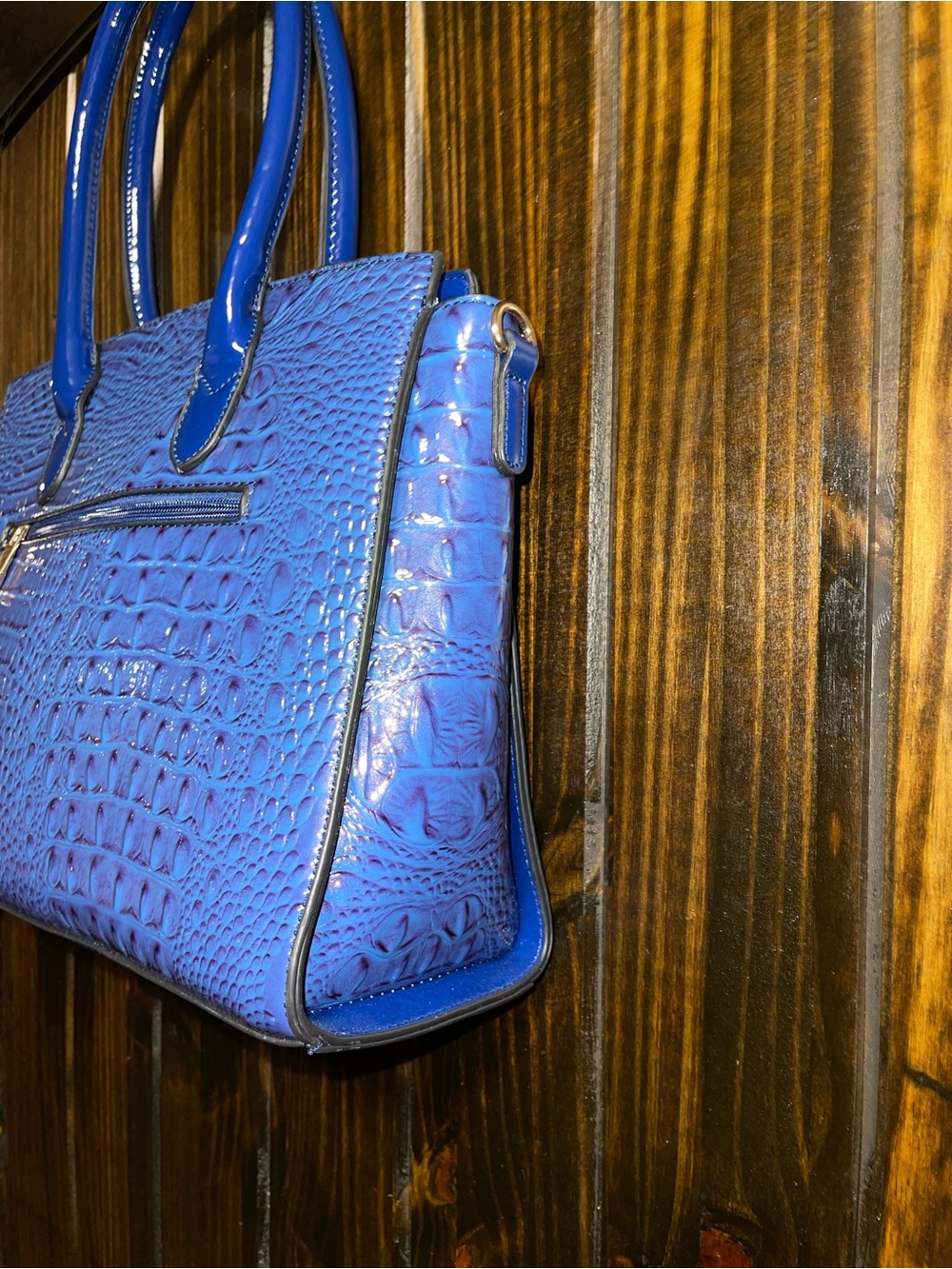 Blue Crocodile-Embossed Patent Tote Bag with Lock Accent - Picture 4 of 12